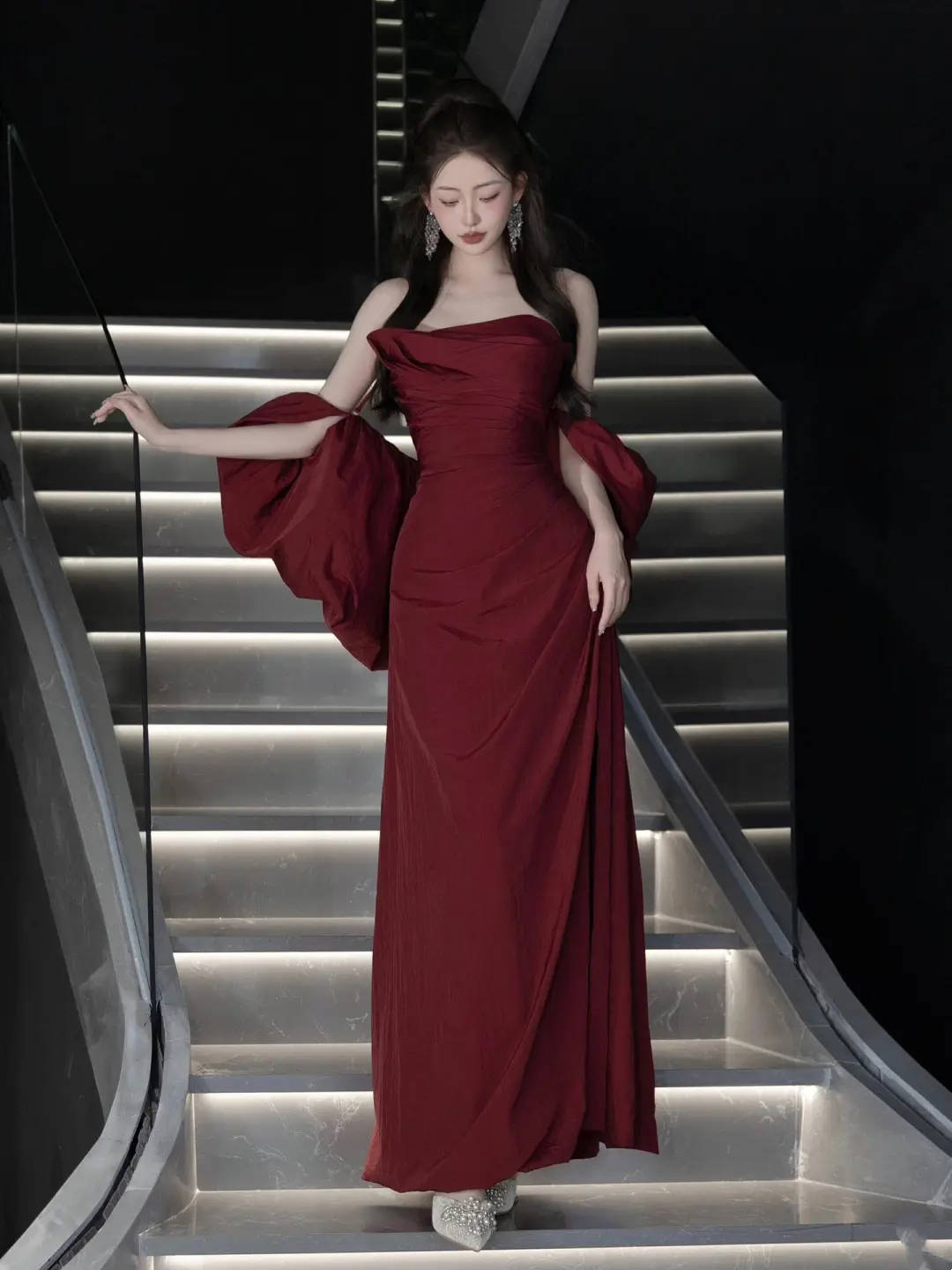 Vintage Mermaid Strapless Burgundy Satin With Cape Floor Length Prom Dress Inspiration Long Prom Dresses A047