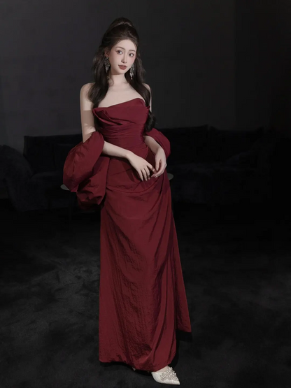 Vintage Mermaid Strapless Burgundy Satin With Cape Floor Length Prom Dress Inspiration Long Prom Dresses A047