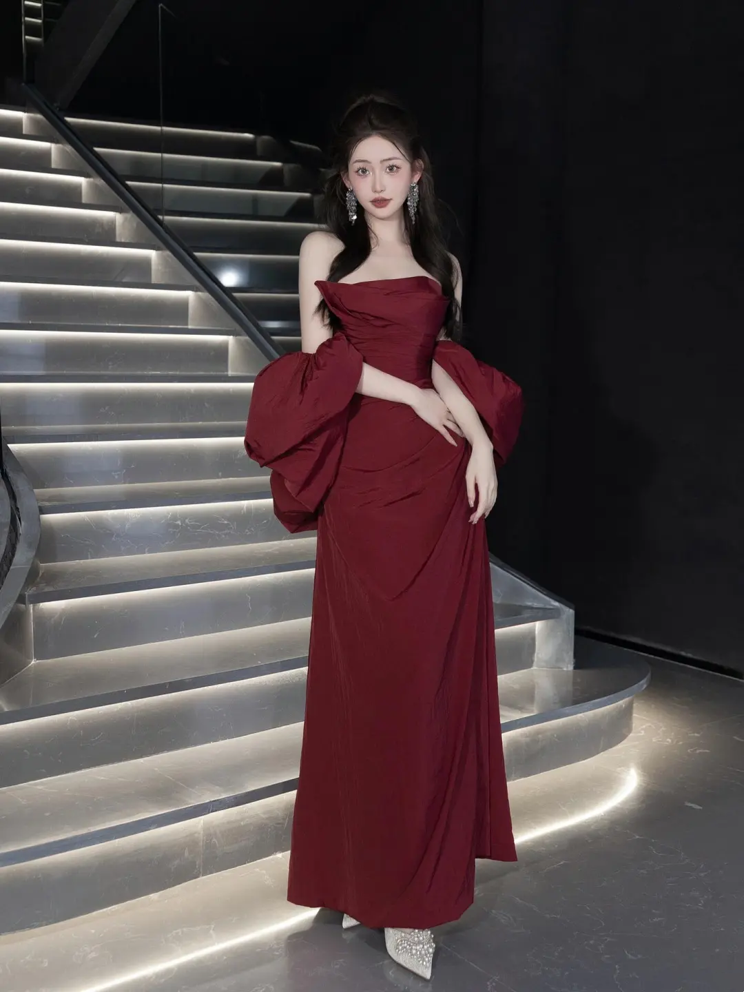 Vintage Mermaid Strapless Burgundy Satin With Cape Floor Length Prom Dress Inspiration Long Prom Dresses A047
