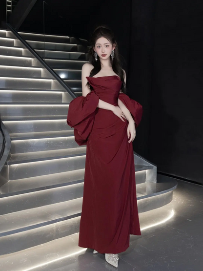 Vintage Mermaid Strapless Burgundy Satin With Cape Floor Length Prom Dress Inspiration Long Prom Dresses A047