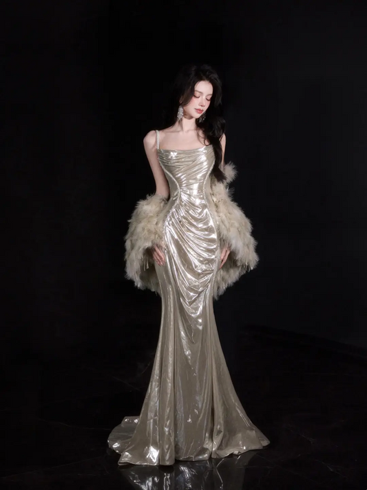 Vintage Mermaid Spaghetti Straps Champagne Sequin Without Cape Floor Length Prom Dress Inspiration Long Prom Dresses A048