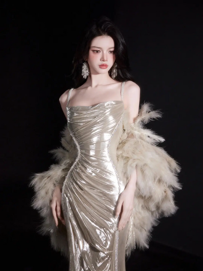 Vintage Mermaid Spaghetti Straps Champagne Sequin Without Cape Floor Length Prom Dress Inspiration Long Prom Dresses A048
