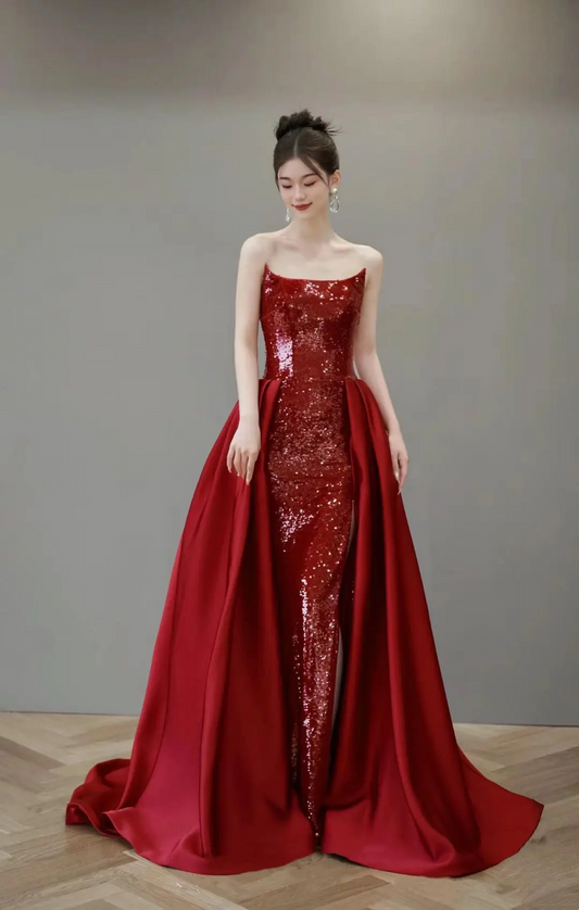 Vintage Mermaid Strapless Red Sequin With Train Floor Length Prom Dress Inspiration Long Sequin Prom Dresses A050