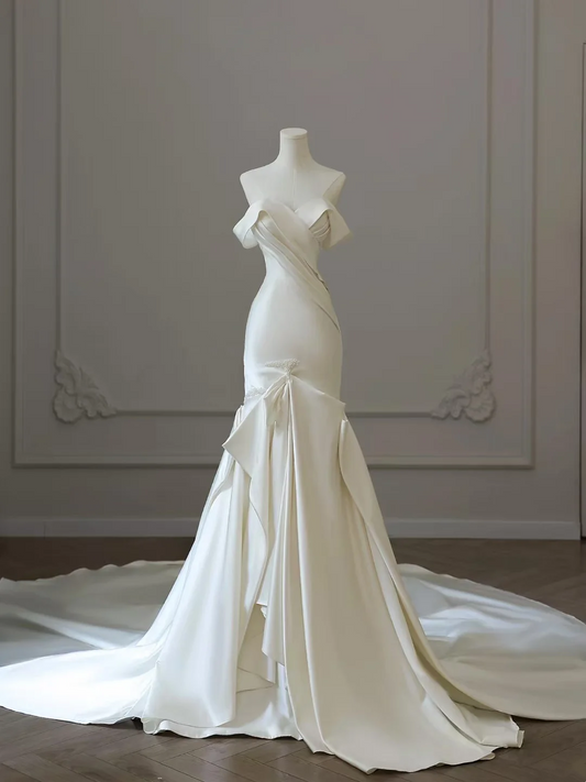 Princess Mermaid White Off The Shoulder Corset Back Short Sleeves Satin Long Wedding Dress Pleated Brides Dress A053