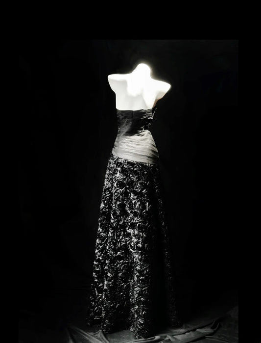 Vintage Prom Dresses 90s A line Sweetheart Black Floral Long With Beading Evening Formal Outfits RB5813