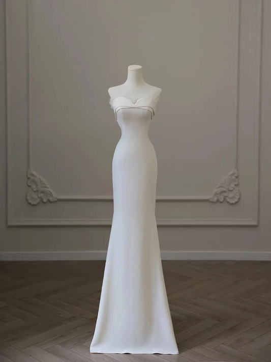 Princess Mermaid White Sweetheart Corset Back Sleeveless Satin Long Wedding Dress Pleated Brides Dress A054