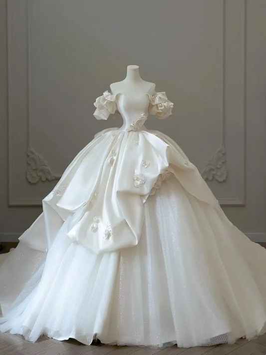 Unique Ball Gown Off The Shoulder White Satin Long Wedding Dress Flowers Brides Wedding Dresses A055