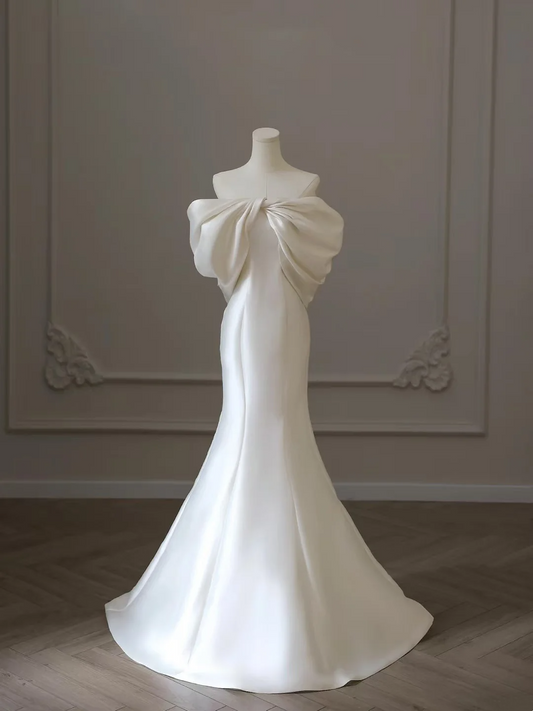 Unique Mermaid Off The Shoulder White Satin Long Wedding Dress Pleated Brides Wedding Dresses A056
