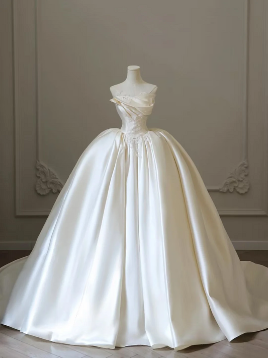 Timeless Ball Gown Strapless White Pleated Long Satin Wedding Dress Beautiful Formal Cute Wedding Dresses A057