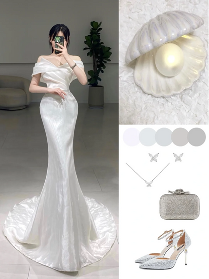 Unique Mermaid Off The Shoulder White Satin Long Wedding Dress Pleated Brides Gown Wedding Dresses A059