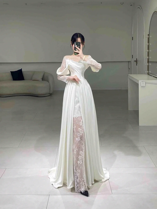 Timeless A line Off The Shoulder Lace White Pleated Long Wedding Dress Beautiful Formal Cute Wedding Dresses A061