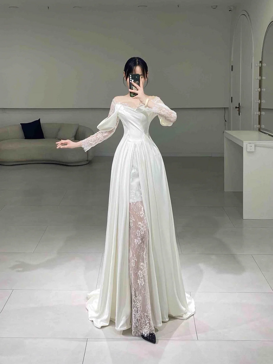 Timeless A line Off The Shoulder Lace White Pleated Long Wedding Dress Beautiful Formal Cute Wedding Dresses A061