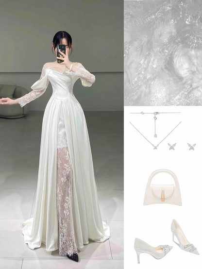 Timeless A line Off The Shoulder Lace White Pleated Long Wedding Dress Beautiful Formal Cute Wedding Dresses A061