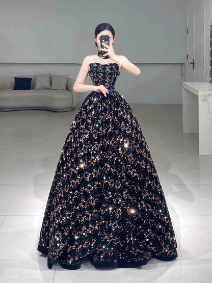 Sweet Black Strapless Ball Gown Sequin Long Quinceanera Dress Gorgeous Quinceanera Dresses Sweet 15 16 Dress A062
