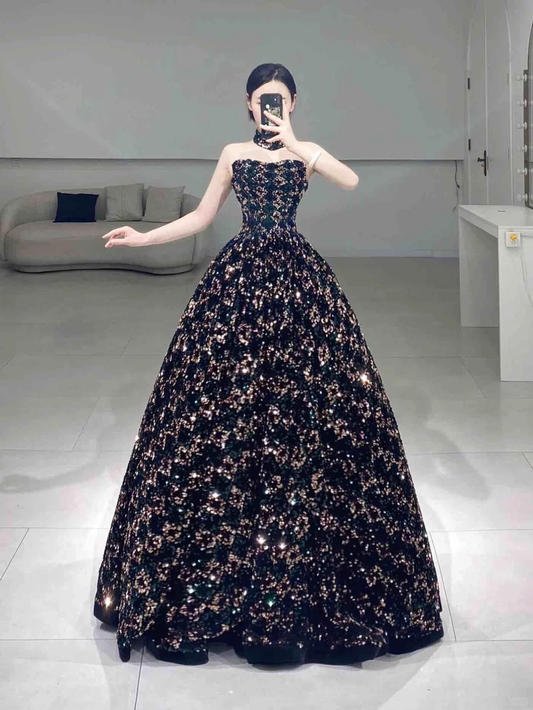 Sweet Black Strapless Ball Gown Sequin Long Quinceanera Dress Gorgeous Quinceanera Dresses Sweet 15 16 Dress A062