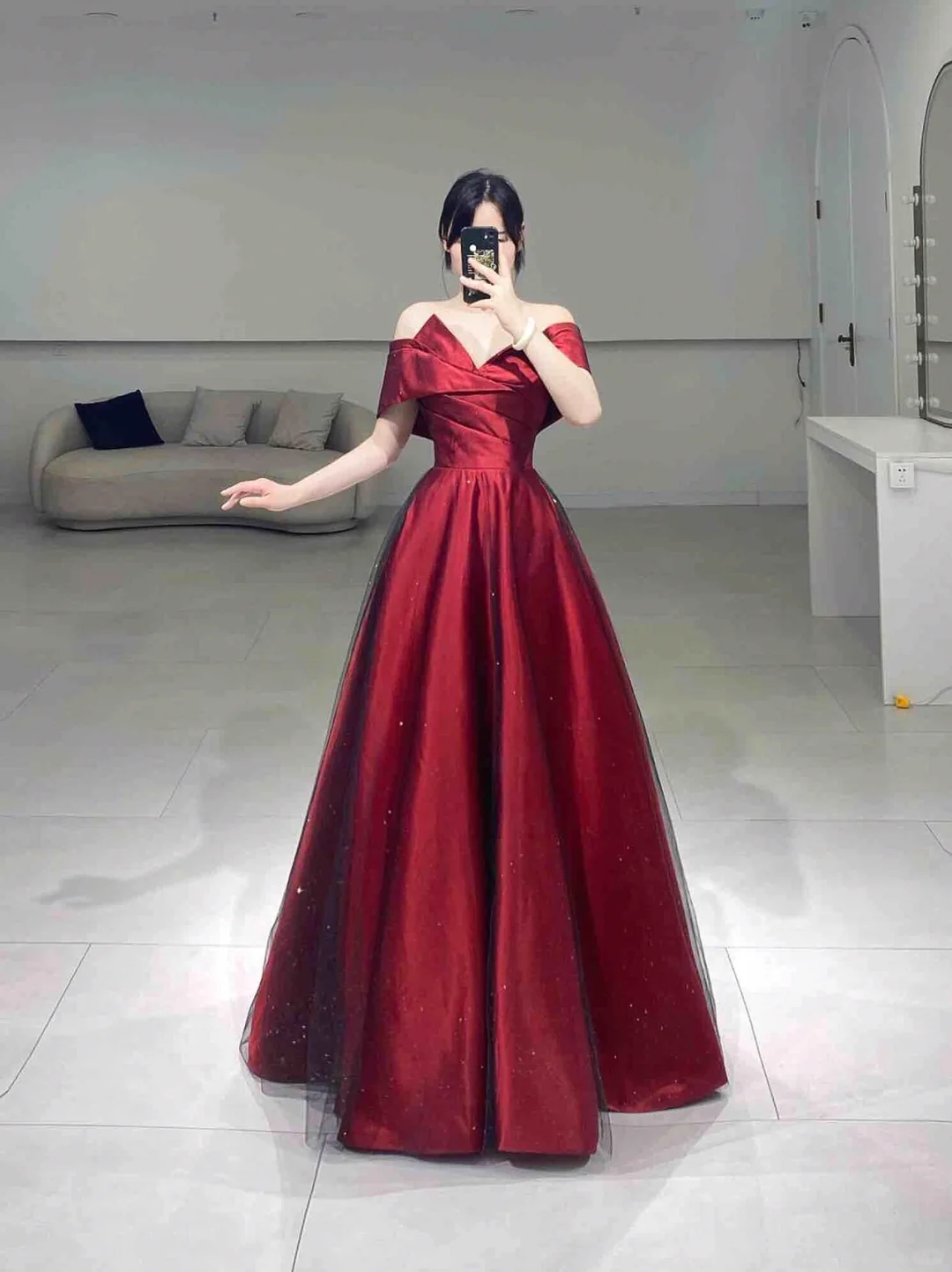 Modest A line Off The Shoulder Burgundy Satin Tulle Short Sleeves Floor Length Prom Dress Inspiration Long Prom Dresses A065