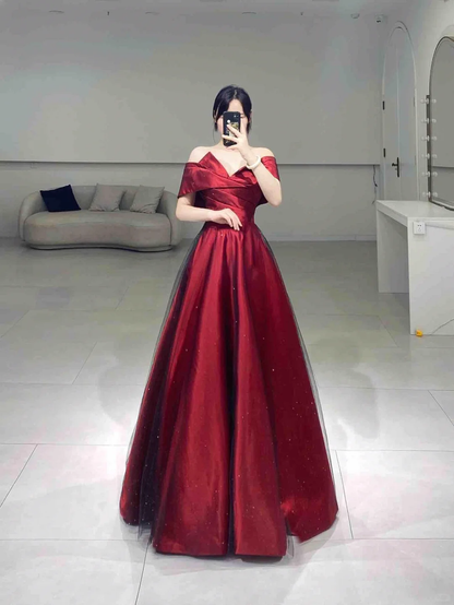 Modest A line Off The Shoulder Burgundy Satin Tulle Short Sleeves Floor Length Prom Dress Inspiration Long Prom Dresses A065
