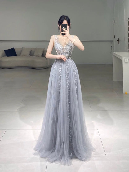 Modest A line Boat Neck Gray Tulle Sleeveless Floor Length Prom Dress Inspiration Long Prom Dresses A066