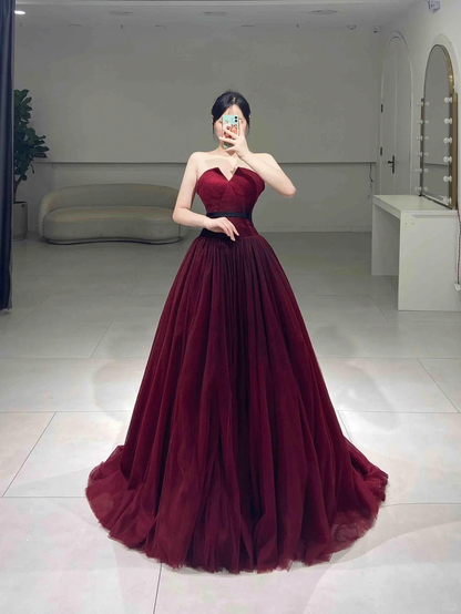 Modest A line Strapless Neck Burgundy Tulle Sleeveless Floor Length Prom Dress Inspiration Long Prom Dresses A069