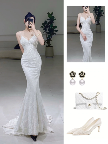 Timeless Mermaid Spaghetti Straps White Lace Long Wedding Dress Beautiful Formal Cute Wedding Dresses A072