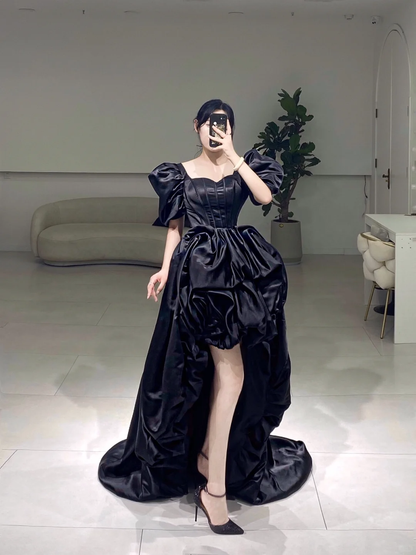Modest High Low Sweetheart Short Sleeves Black Satin Pleated Floor Length Prom Dress Inspiration Long Prom Dresses A073