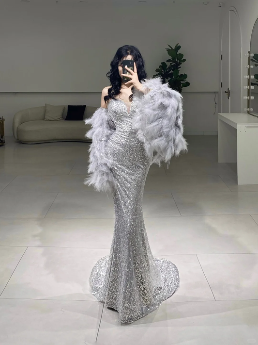 Timeless Mermaid Sweetheart Silver Sequin Prom Dress Inspiration Long Sexy Prom Dresses A075