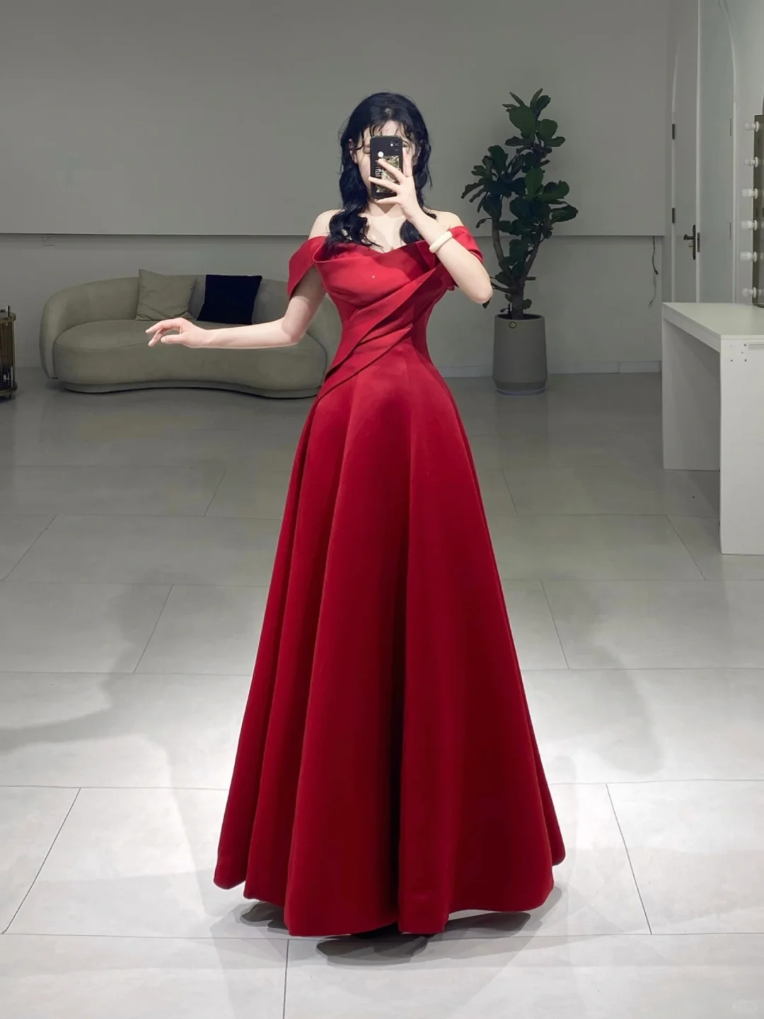 Modest A Line Off The Shoulder Red Short Sleeves Satin Pleated Floor Length Prom Dress Inspiration Long Prom Dresses A076