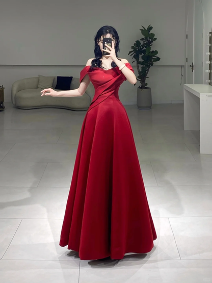 Modest A Line Off The Shoulder Red Short Sleeves Satin Pleated Floor Length Prom Dress Inspiration Long Prom Dresses A076
