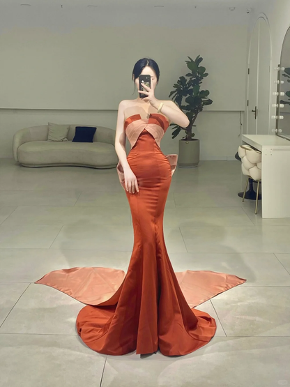 Elegant Mermaid Strapless Rust Red Satin Pleated Floor Length Prom Dress Inspiration Long Prom Dresses A077