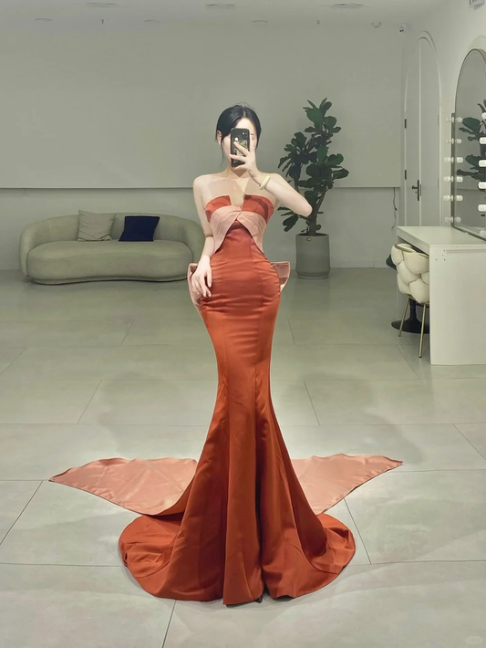 Elegant Mermaid Strapless Rust Red Satin Pleated Floor Length Prom Dress Inspiration Long Prom Dresses A077