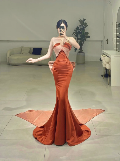Elegant Mermaid Strapless Rust Red Satin Pleated Floor Length Prom Dress Inspiration Long Prom Dresses A077