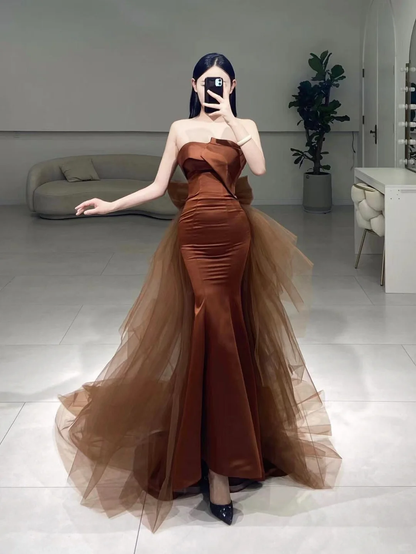 Timeless Mermaid Strapless Brown Satin Prom Dress Inspiration Long Sexy Prom Dresses A079