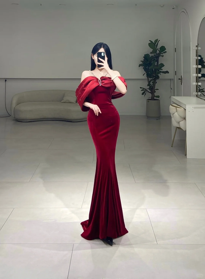 Classy Mermaid Off The Shoulder Red Velvet Prom Dress Inspiration Long Sexy Prom Dresses A080