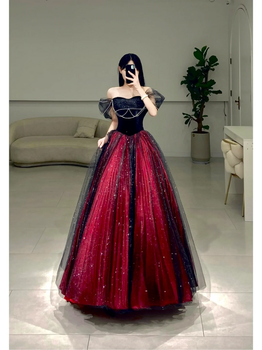 Classy Ball Gown Off The Shoulder Red Black Tulle Prom Dress Inspiration Long Sexy Prom Dresses A081