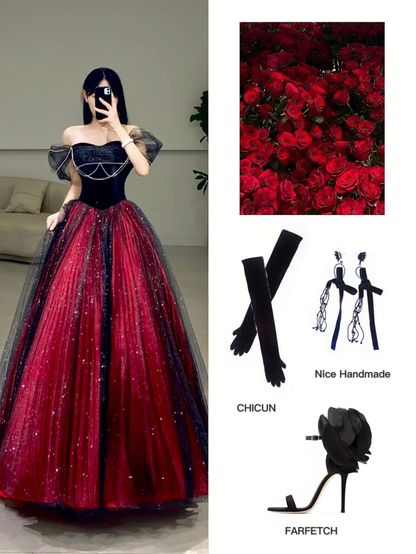 Classy Ball Gown Off The Shoulder Red Black Tulle Prom Dress Inspiration Long Sexy Prom Dresses A081