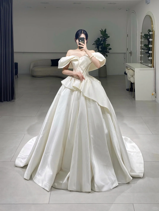 Timeless Ball Gown Off The Shoulder White Satin Long Wedding Dress Beautiful Formal Cute Wedding Dresses A084
