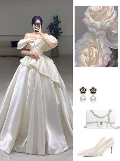 Timeless Ball Gown Off The Shoulder White Satin Long Wedding Dress Beautiful Formal Cute Wedding Dresses A084