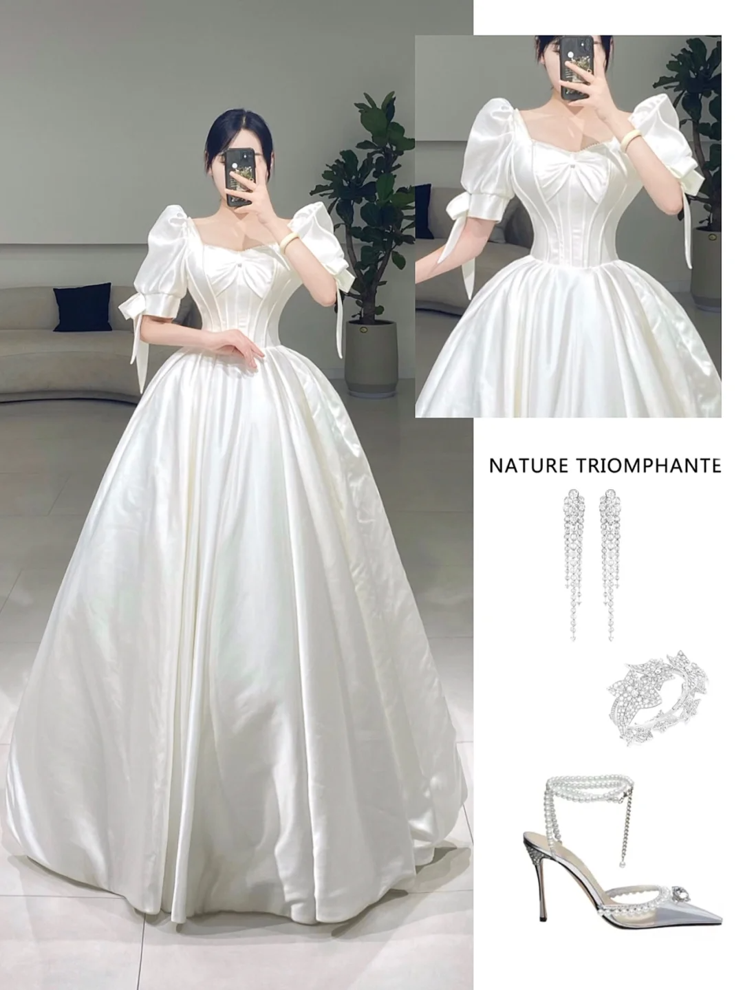 Timeless Ball Gown Square Neck White Satin Short Sleeves Long Wedding Dress Beautiful Formal Cute Wedding Dresses A085