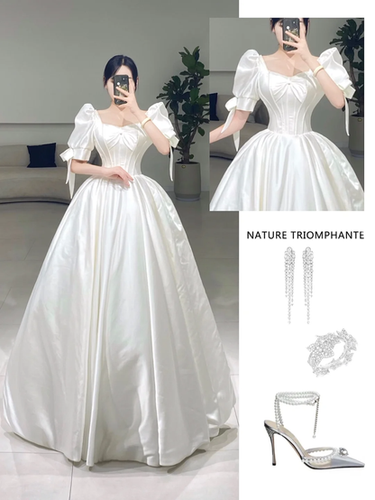 Timeless Ball Gown Square Neck White Satin Short Sleeves Long Wedding Dress Beautiful Formal Cute Wedding Dresses A085