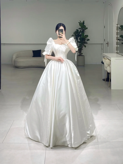 Timeless Ball Gown Square Neck White Satin Short Sleeves Long Wedding Dress Beautiful Formal Cute Wedding Dresses A085