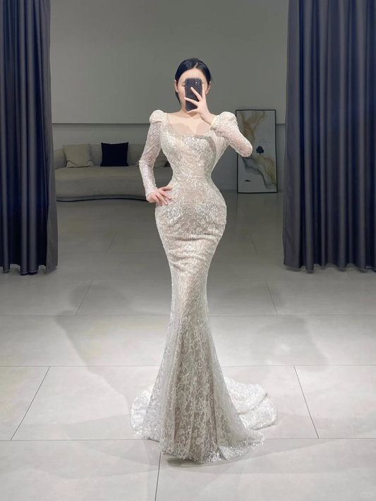 Timeless Mermaid Square Neck White Lace Long Sleeves Long Wedding Dress Beautiful Formal Cute Wedding Dresses A086