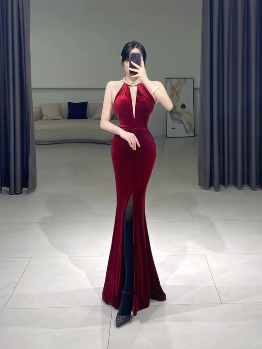 Elegant Mermaid Scoop Burgundy Velvet Slit Pleated Floor Length Prom Dress Inspiration Long Prom Dresses A087
