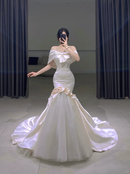 Timeless Mermaid Off The Shoulder White Satin Long Wedding Dress Beautiful Formal Cute Wedding Dresses A089