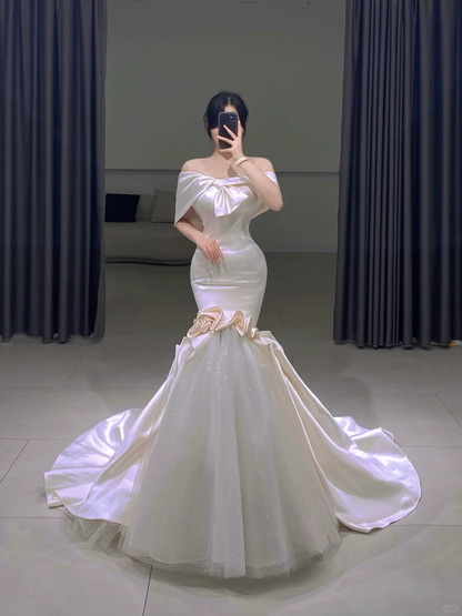 Timeless Mermaid Off The Shoulder White Satin Long Wedding Dress Beautiful Formal Cute Wedding Dresses A089