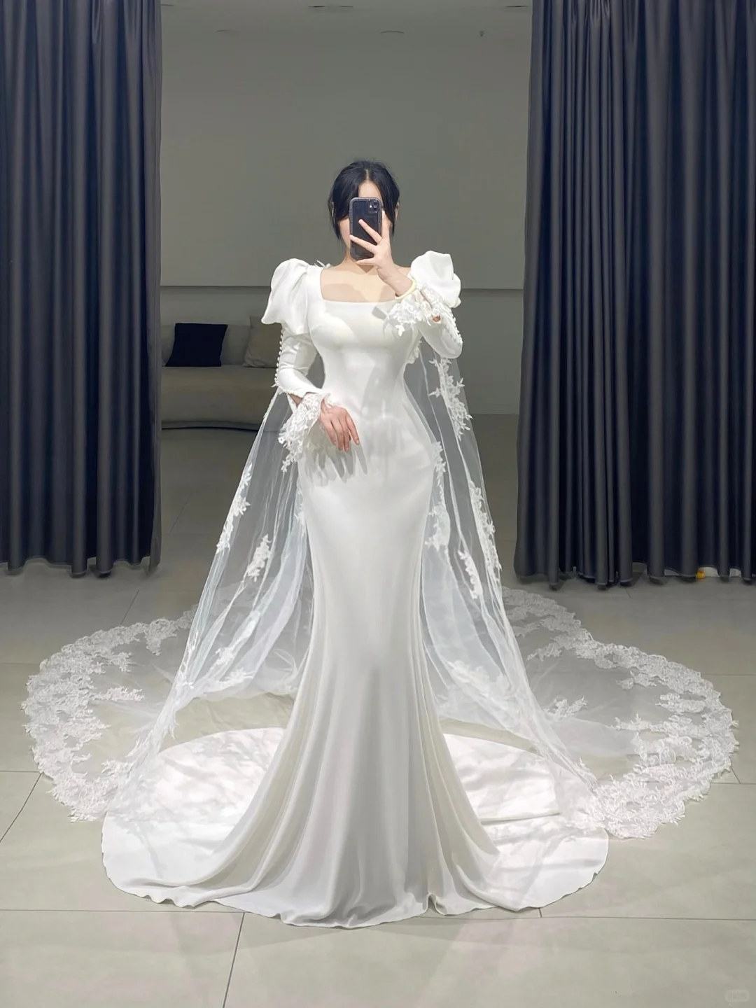 Timeless Mermaid Square Neck White Satin Long Sleeves Wedding Dress Beautiful Formal Cute Wedding Dresses A090