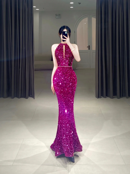 Elegant Mermaid Scoop Sequin Sparkly Pleated Floor Length Prom Dress Inspiration Long Prom Dresses A094