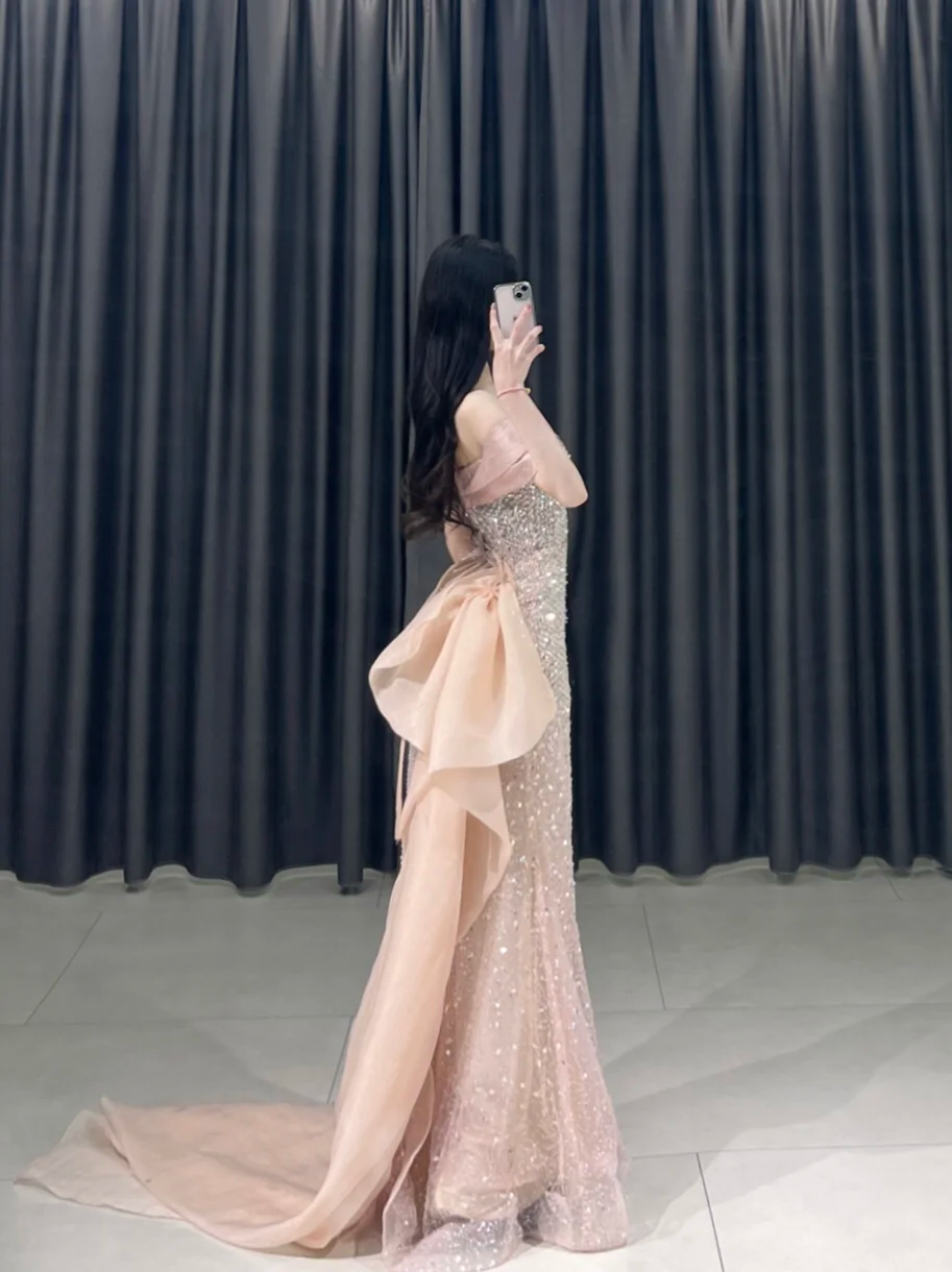 Elegant Mermaid Off The Shoulder Pink Sequin Sparkly Pleated Floor Length Prom Dress Inspiration Long Prom Dresses A095