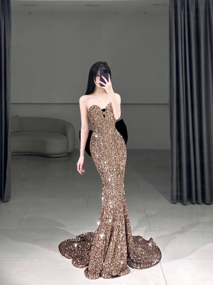 Elegant Mermaid Sweetheart Sequin Sparkly Pleated Floor Length Prom Dress Inspiration Long Prom Dresses A096
