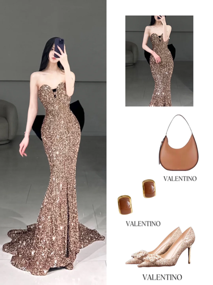 Elegant Mermaid Sweetheart Sequin Sparkly Pleated Floor Length Prom Dress Inspiration Long Prom Dresses A096
