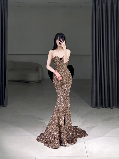 Elegant Mermaid Sweetheart Sequin Sparkly Pleated Floor Length Prom Dress Inspiration Long Prom Dresses A096